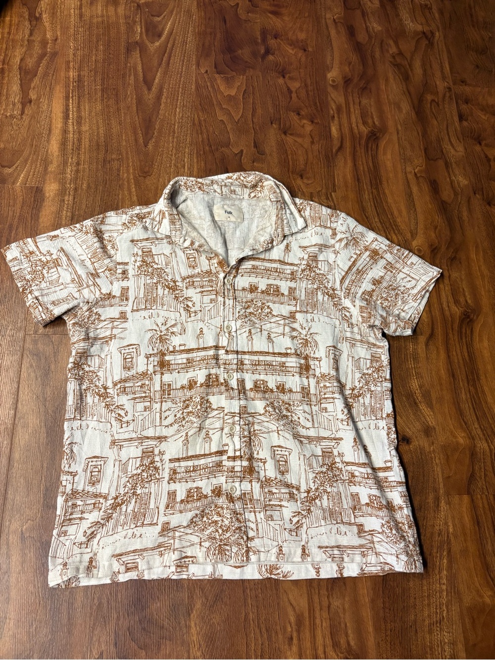 Folk Short Sleeve Button-Down Shirt in White and Brown Architectural Print